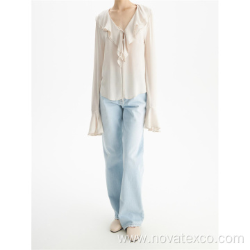 100% Viscose Cream Ruffle Collar and Cuff Top